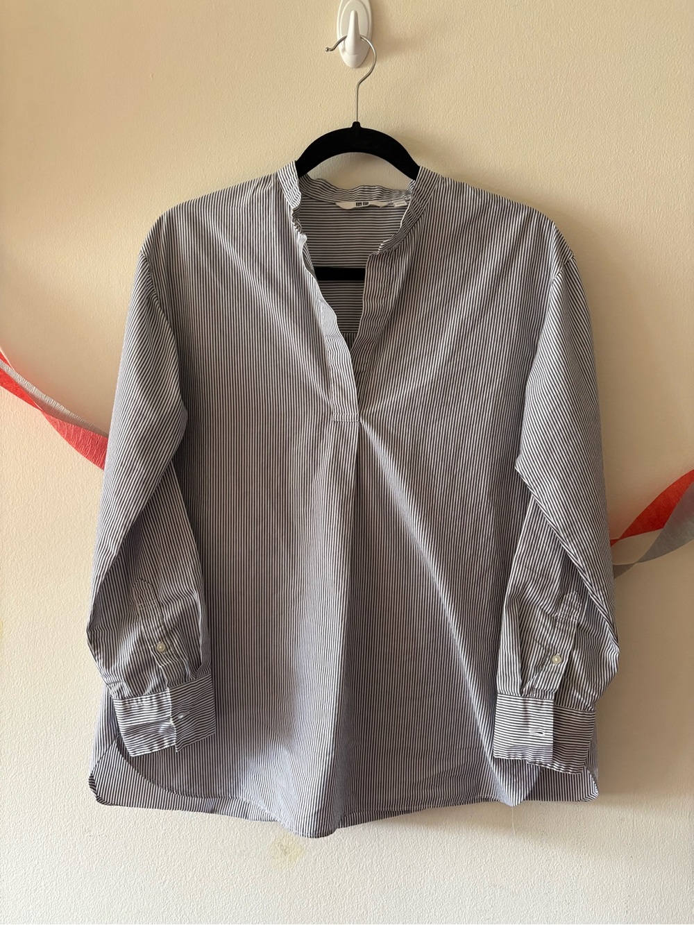 Uniqlo Boyfriend Navy and White Pinstripe Grandad Collar Shirt